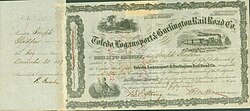 Share of the Toledo, Logansport & Burlington Rail Road Company, issued 31 December 1859