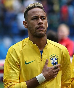 Neymar during the national anthem of Brazil at the 2018 World Cup