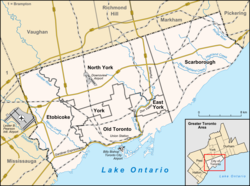 Map of Toronto with the limits of the 1974 – 1998 boroughs indicated