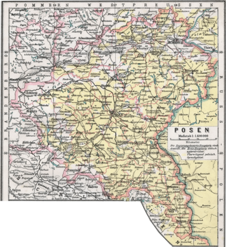 Province of Posen, 1905, Polish-speaking areas according to Prussian census shown in yellow