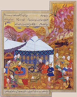 Festivities with Bayezid I as prisoner, after conquering Anatolia. Zafarnama, 1528 (Golestan, MS 708).[106]
