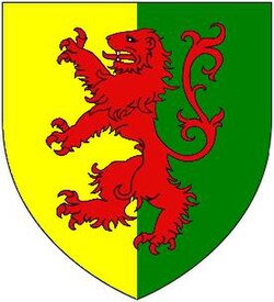 Arms of "Bigod Modern": Party per pale or and vert, overall a lion rampant gules, adopted by Roger Bigod, 5th Earl of Norfolk (1269–1306), after 1269 following his inheritance of the office of Marshal of England from the Marshal family