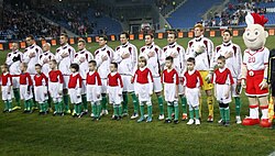 Hungary in a friendly tie against Poland on 15 November 2011 at the Stadion Miejski, Poznań, Poland. The line-up included Dzsudzsák, Juhász, Varga, Priskin, Koman, Laczkó, Tőzsér, Vanczák, Sándor, Bogdán and Gera