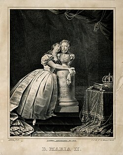Queen Maria II of Portugal crying and hugging a bust of her late father King Pedro IV (also Emperor of Brazil as Pedro I), 1836