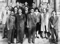Some of the University of Chicago team that worked on the Chicago Pile-1, the first nuclear reactor, including Enrico Fermi and Walter Zinn in the front row and Harold Agnew, Leona Woods and Leó Szilárd in the second