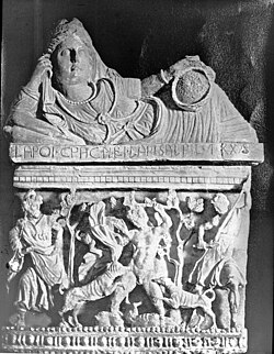 Volterra, Italy. Etruscan cinerary urn; Actaeon torn by the dogs of Diana, Volterra. Brooklyn Museum Archives, Goodyear Archival Collection