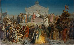 A painting depicting a crowd of people viewing a statue of Augustus holding a scepter. A Roman temple is located behind the statue, while in the lower section the newborn Christ is depicted alongside his family.