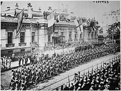 American, British, and Japanese Troops parade through Vladivostok in armed support to the White Army.