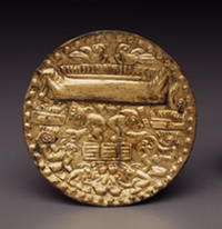 Chimú or Lambayeque earspool, Late Intermediate Period, Central Andes, made of gold-copper alloy and silver alloy – Michael C. Carlos Museum