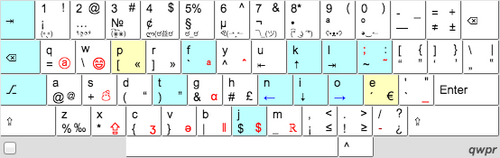 Qwpr keyboard layout (letters moved from QWERTY in teal, or yellow if different hand)