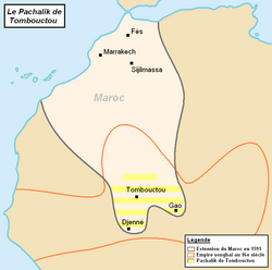 Map of the Pashalik of Timbuktu (yellow-striped) as part of the Saadi dynasty of Morocco (outlined black) within the Songhai Empire (outlined red), c. 1591
