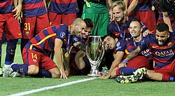 Barcelona are the first European men's football team to win a continental treble twice, in 2008–09 and in 2014–15 (pictured). Bayern Munich are currently the only other European club that has won two continental trebles.