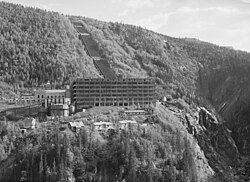 The Vemork plant at Norsk Hydro, Norway, after the war. The heavy water was produced in the front building, the Hydrogen Production Plant.