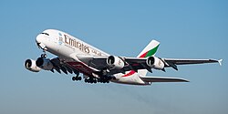 An Airbus A380 taking off from Munich Airport