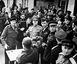 Eisenhower sharing a toast with Zhukov, Montgomery and other Allied officials, June 1945