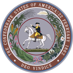 The Seal has symbols of an independent agricultural Confederacy surrounding an equestrian Washington, sword encased.[c]