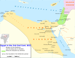 Ptolemaic Egypt c. 235 BC. The green areas were lost to the Seleucid Empire thirty five years later.