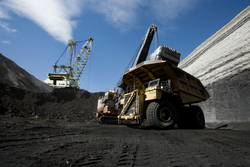 A Bucyrus Erie 2570 dragline and CAT 797 haul truck at the North Antelope Rochelle opencut coal mine