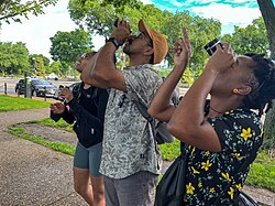 Three people birdwatching with binoculars