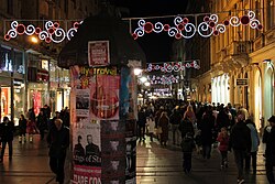 Knez Mihailova pedestrian zone at night with New Year decoration in Belgrade, Serbia