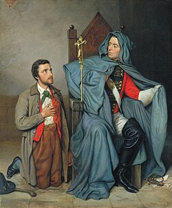 Charlotte Schreiber's The Croppy Boy (1879), relating to the United Irishmen's Wexford Rebellion. A man, possibly a rebel from his green cravat, kneels before a Catholic priest who is covertly in military uniform. The church hierarchy opposed the rebellion.