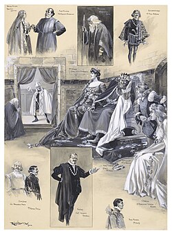 Scenes from a 1904 benefit performance of W. S. Gilbert's Rosencrantz and Guildenstern, with Gilbert as Claudius