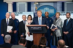 Trump and members of the White House Coronavirus Task Force brief the media on March 16, 2020. Anthony Fauci is seen as third from the left