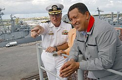 Chávez visiting the USS Yorktown, a U.S. Navy ship docked at Curaçao in the Netherlands Antilles, in 2002