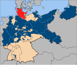 The Province of Schleswig-Holstein (red), within the Free State of Prussia, within the Weimar Republic, following the cession of North Schleswig to Denmark in 1920