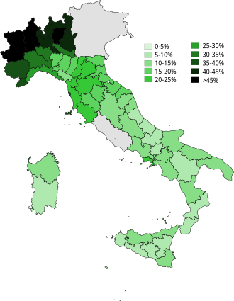 Literacy rates in Italy in 1861, shortly after the proclamation of the Kingdom of Italy. Italy lacks Lazio and the Triveneto, which were subsequently annexed.
