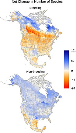 Areas of North America which are predicted to have species move into them on net (blue) or lose them (red) at 3 °C (5.4 °F) of warming from the preindustrial.