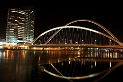 A large bridge crossing a river, in nighttime, with skyscrapers in the background