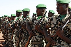 Soldiers lined up in a row, with green caps, carrying rifles