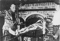 Former prisoners of KZ Dachau reenact the operation of the crematorium by pushing a corpse toward one of the ovens.[37]