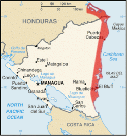 The former British colony of Mosquito Coast is marked in red.