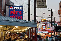 Pat's Steaks (foreground) and Geno's Steaks (background) in South Philadelphia