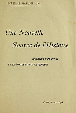 The cover of Bolesław Matuszewski's 1898 book Une nouvelle source de l'histoire (A New Source of History), the first publication about documentary function of cinematography