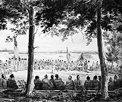 Pawnees in a parley with Major Long's expedition at Engineer Cantonment, near Council Bluff, in October 1819. From an original watercolor by Samuel Seymour (1775-1823).