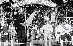 Donald Stephens (left) declaring the forming of the Federation of Malaysia at Merdeka Square, Jesselton on 16 September 1963. Together with him was the then Deputy Prime Minister of Malaysia Tun Abdul Razak (right) and Mustapha Harun (second right).