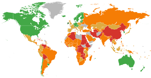 An overall heatmap from the 2023 Index of Economic Freedom, published by the Heritage Foundation and The Wall Street Journal: Free (100–80) Mostly free (79.9–70) Moderately free (69.9–60) Mostly unfree (59.9–50) Repressed (49.9–0.00)