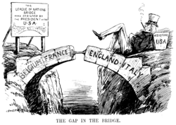 The Gap in the Bridge; the sign reads "This League of Nations Bridge was designed by the President of the U.S.A." Cartoon from Punch magazine, 10 December 1920, satirising the gap left by the US not joining the League