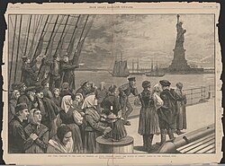 The Statue of Liberty (formally Liberty Enlightening the World), a famous landmark of New York City and the United States, greets newly arrived immigrants and is located near Ellis Island, where millions of immigrants first touched U.S. soil.