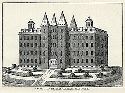 The Washington Medical College building on Fairmont and Broadway used from 1837-1849 shown in 1845.[7]