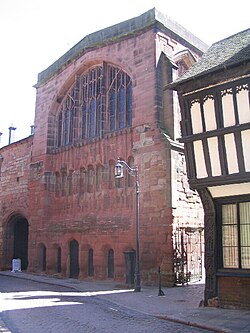 St Mary's Guildhall, dating from the 14th century, one of the surviving medieval buildings in Coventry
