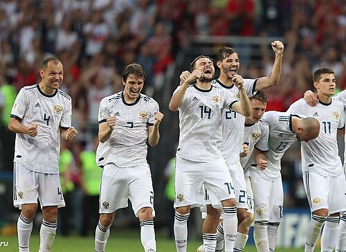 Russian team during the penalty shoot-out in the first knockout round against Spain at the 2018 FIFA World Cup