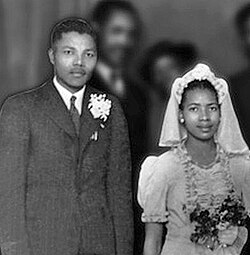 Mandela and Evelyn in July 1944 at Walter and Albertina Sisulu's wedding party in the Bantu Men's Social Centre[57]