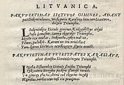 Panegyric to Sigismund III Vasa, visiting capital Vilnius, first hexameter in Lithuanian, 1589.