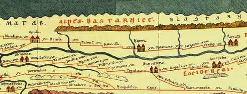 Napoca on the Roman Dacia fragment of the 1st–4th century AD Tabula Peutingeriana (upper centre)[30]