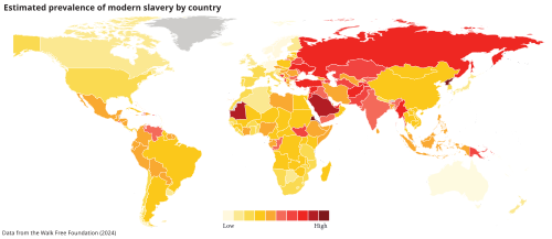 Modern incidence of slavery, as a percentage of the population, by country (2024)