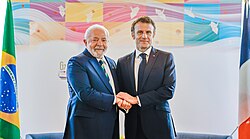 Macron with Brazilian President Luiz Inácio Lula da Silva in May 2023